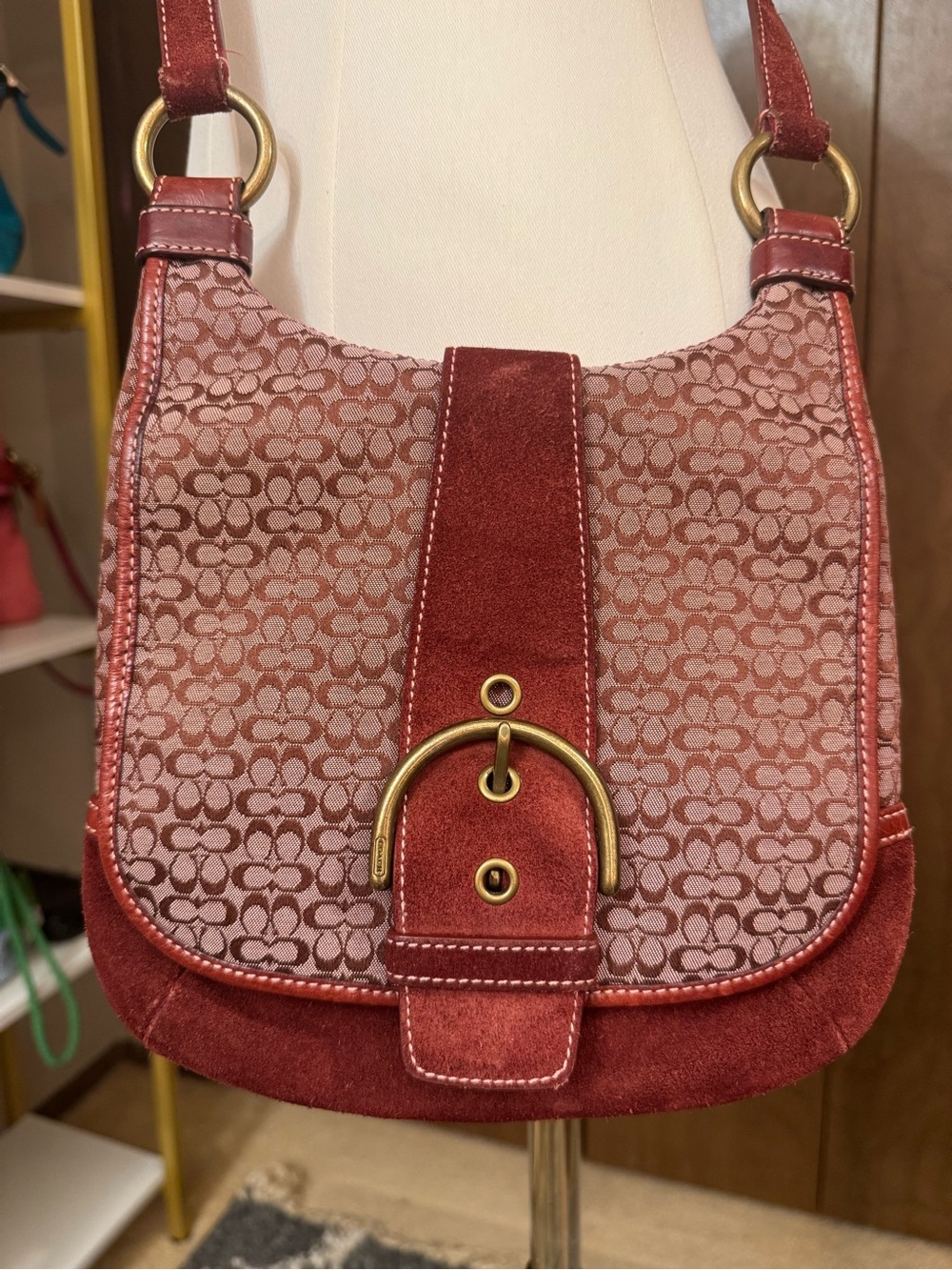 Coach Red Suede Signature Hobo Bag